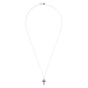 The Novelty 14K White Gold Sapphire and Diamond Cross Pendant, 0.19 TCW, features a delicate white gold chain with a cross pendant set with sparkling diamonds, petite sapphires, and a clear gemstone at the top.