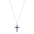 The Novelty 14K White Gold Sapphire and Diamond Cross Pendant, 0.19 TCW, features a delicate white gold chain with a cross pendant set with sparkling diamonds, petite sapphires, and a clear gemstone at the top.