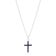The Novelty 14K White Gold Sapphire and Diamond Cross Pendant, 0.19 TCW, features a delicate white gold chain with a cross pendant set with sparkling diamonds, petite sapphires, and a clear gemstone at the top.