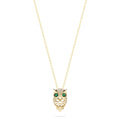 Safari 14K Yellow Gold Emerald and Diamond Owl Pendant, 0.18 TCW, features a detailed owl design with emerald gemstone eyes and intricate accents, showcased on a plain white background.