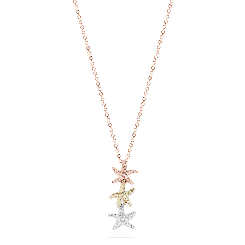 The Seaside 14K Tri Color Gold Diamond Starfish Trio Pendant features three starfish in rose, yellow, and white gold, set with 0.23 TCW diamonds.