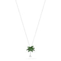 The Novelty 14K White Gold Tsavorite & Diamond Palm Tree Pendant (0.29 TCW) features tsavorites on the leaves and sparkling diamonds on the trunk, elegantly displayed against a white background.
