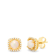 The Aurora 14K Yellow Gold Opal and Diamond Stud Earrings (0.92 TCW) feature round opal centers encircled by a square halo of sparkling diamonds, shown against a white background.
