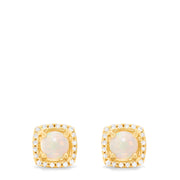 The Aurora 14K Yellow Gold Opal and Diamond Stud Earrings (0.92 TCW) feature round opal centers encircled by a square halo of sparkling diamonds, shown against a white background.