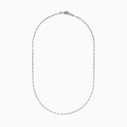 The 14K White Gold 20 2.5mm Paperclip Necklace features elongated oval links and is displayed in a semi-circular shape against a white background.
