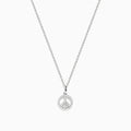 The 925 Sterling Silver Diamond Peace Sign Necklace features a delicate chain with a small, round pendant encrusted with clear, sparkling gemstones in the shape of a peace sign.