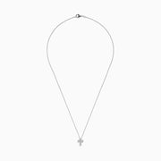 The 925 Sterling Silver Diamond Cross Pendant features a delicate silver chain with a small, sparkling diamond cross, encrusted with clear gemstones and displayed against a white background.