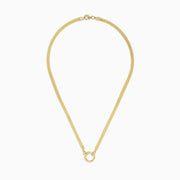 The 14K Yellow Gold 18 Charm Holder Necklace features two chains joined by a small gold ring pendant, adding a refined and elegant touch to any look.