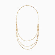 The 14K Yellow Gold 18 Layered Paperclip Chain Necklace features three delicate chains with elongated rectangular links, elegantly displayed on a white background for a timeless, sophisticated look.