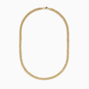 A close-up of the 14K Yellow Gold 18 Oval Beads Necklace, featuring polished oval beads, displayed in a U-shape against a white background.
