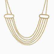 The 14K Yellow Gold Layered Rope Necklace features five twisted chain strands, each joined by two oval-shaped gold links on either side.