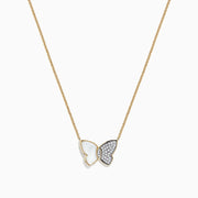 The nature 14K Gold Mother of Pearl & Diamond Butterfly Necklace, 0.11 TCW features a butterfly pendant with one wing of luminous white Mother of Pearl and the other delicately accented with sparkling diamonds.
