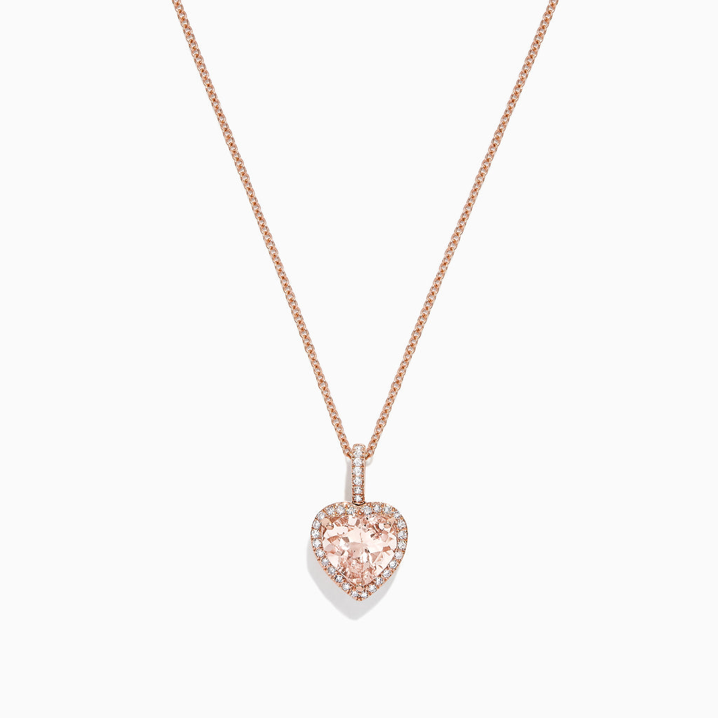 The Blush 14K Rose Gold Morganite and Diamond Heart Pendant (1.88 TCW) features a heart-shaped morganite surrounded by diamonds, shown on a simple white background.