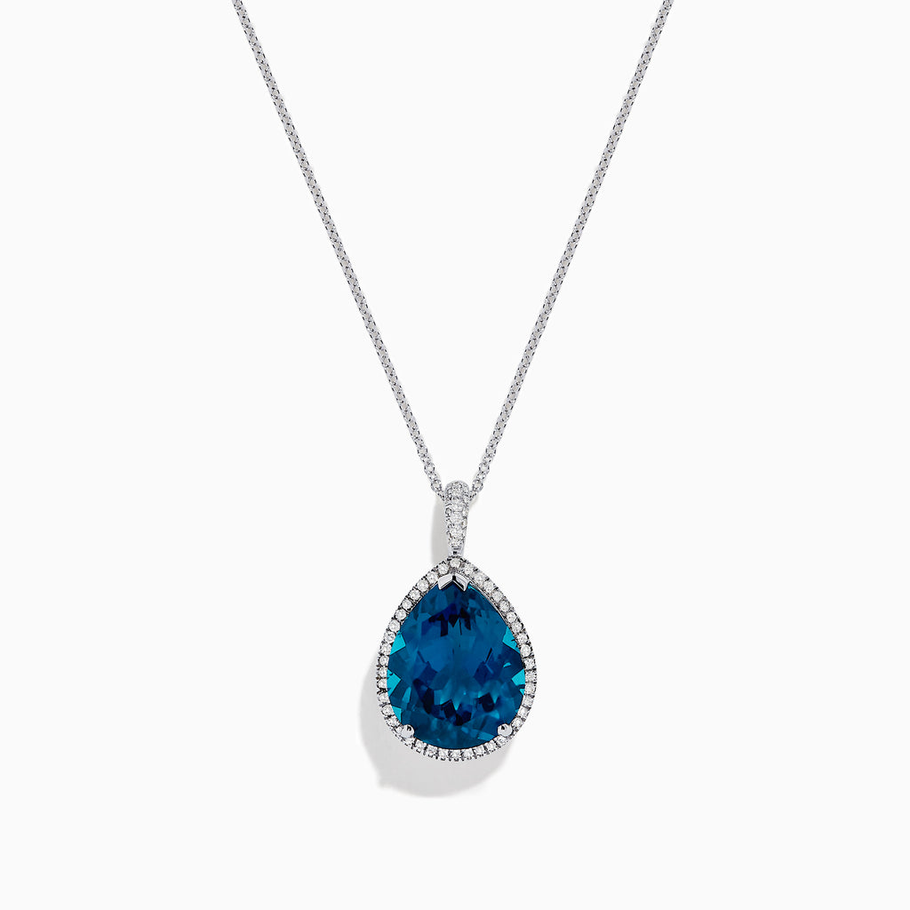 The Ocean Bleu 14K Gold London Blue Topaz and Diamond Pendant, 9.45 TCW, features a teardrop-shaped blue topaz surrounded by sparkling diamonds, shown on a plain white background.