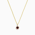 The Bordeaux 14K Yellow Gold Garnet and Diamond Pendant (0.61 TCW) showcases a round garnet center with a diamond halo, elegantly displayed on a plain white background.
