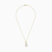 This 14K Yellow Gold Mother of Pearl and Diamond Pendant (0.08 TCW) features a delicate chain with double pendants—an oval and a teardrop—each inlaid with Mother of Pearl and bordered by sparkling diamonds for a luxe look.