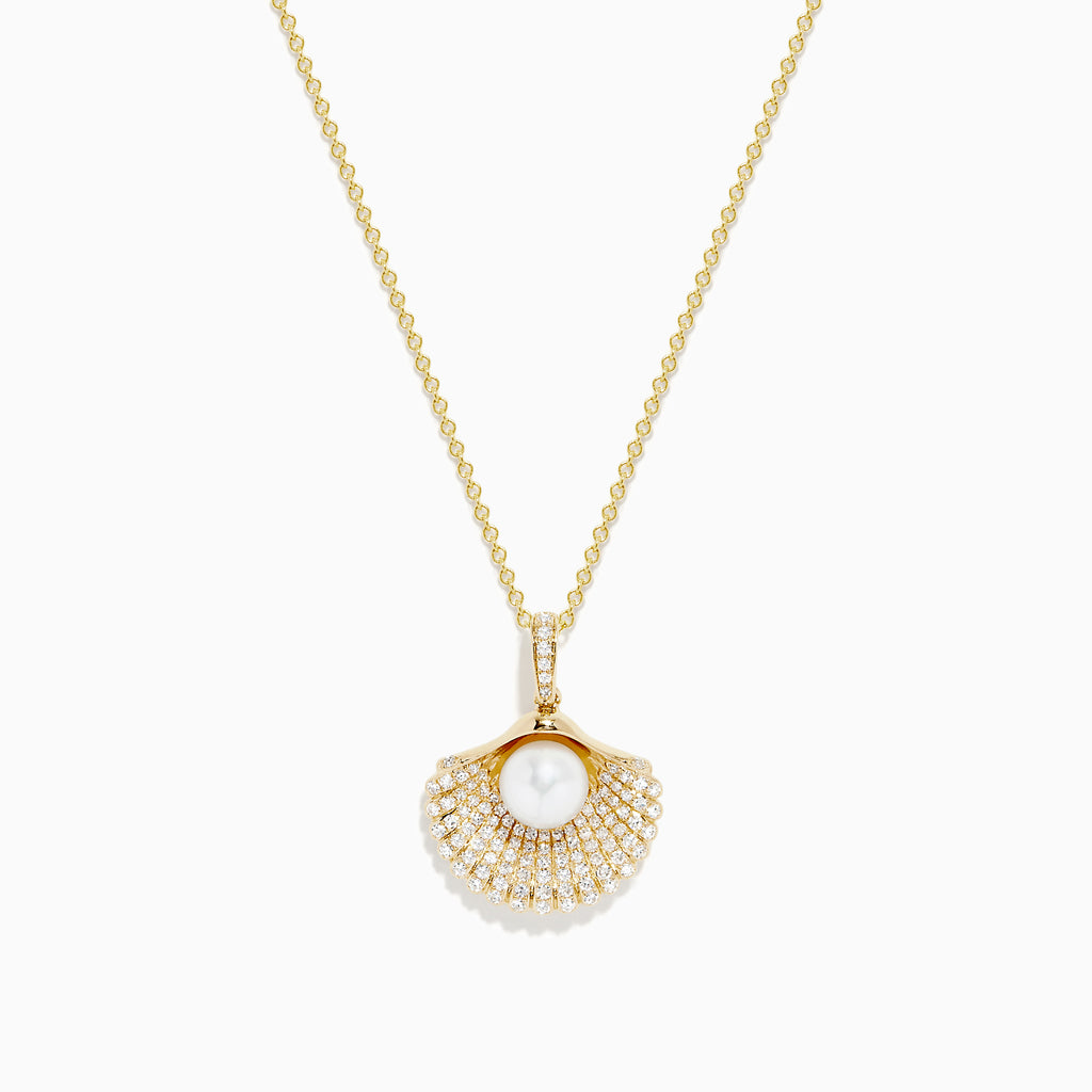 The 14K Yellow Gold Pearl and Diamond Shell Necklace features a pendant shaped like a fan with a central white pearl, surrounded by sparkling diamonds for timeless elegance.