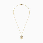 The 14K Yellow Gold Mother of Pearl and Diamond Turtle Pendant (0.13 TCW) features a circular turtle design accented with diamonds, shown against a white background.