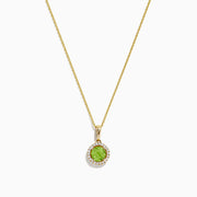 A 14K yellow gold peridot and diamond pendant (1.10 TCW) with a round peridot center, surrounded by sparkling diamonds, shown on a white background.