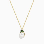 The Safari 14K Yellow Gold Tsavorite, Diamond and Pearl Frog Pendant features tsavorite accents and a white pearl, elegantly displayed on a plain white background.