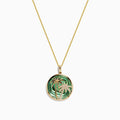 The 14K Yellow Gold Abalone and Diamond Palm Tree Pendant, 4.52 TCW, features two palm trees—one accented with sparkling diamonds—set on a wavy abalone green background.