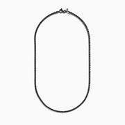 The Mens 925 Sterling Silver Black Rhodium Box Chain Necklace features small, uniform links and a lobster clasp, shown in an oval shape against a plain white background.