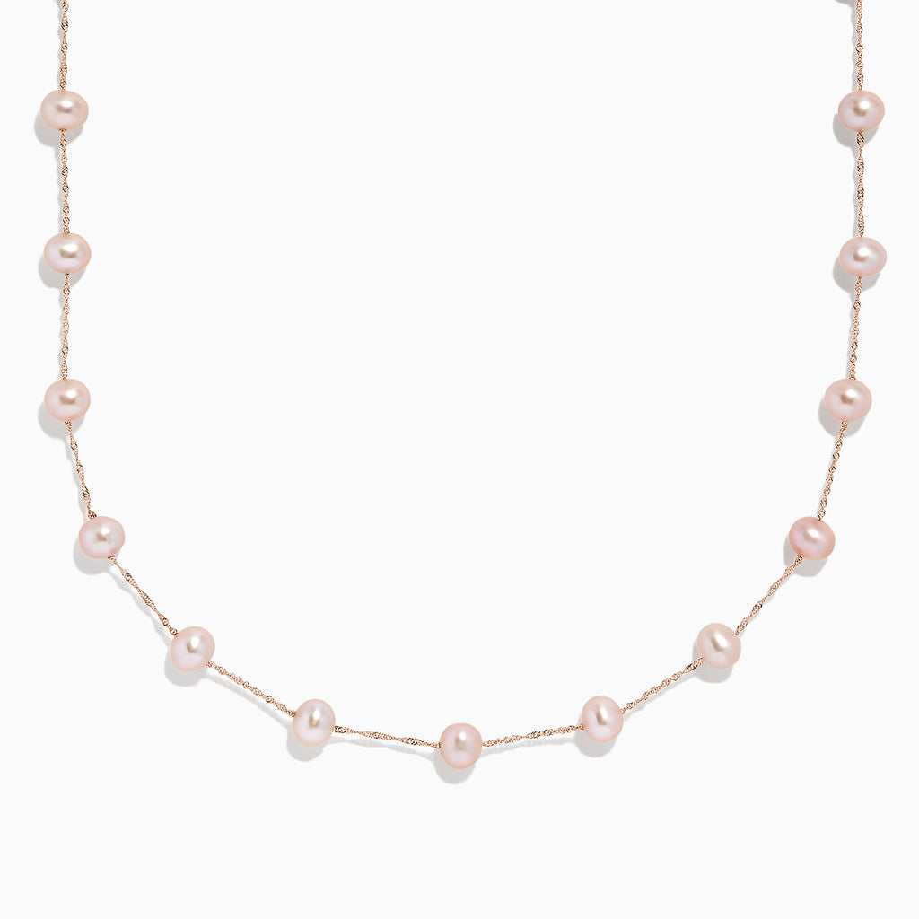 The 14K Rose Gold Cultured Fresh Water Pearl Necklace features delicate, evenly spaced pearls and is displayed against a plain white background.