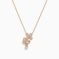 The 14K Rose Gold Mother of Pearl and Diamond Butterfly Necklace, 0.26 TCW, features three butterfly pendants—two with pink enamel, one with crystal accents—and a dangling Mother of Pearl round charm for elegant sparkle.