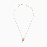 The 14K Rose Gold Mother of Pearl and Diamond Butterfly Necklace, 0.26 TCW, features three butterfly pendants—two with pink enamel, one with crystal accents—and a dangling Mother of Pearl round charm for elegant sparkle.