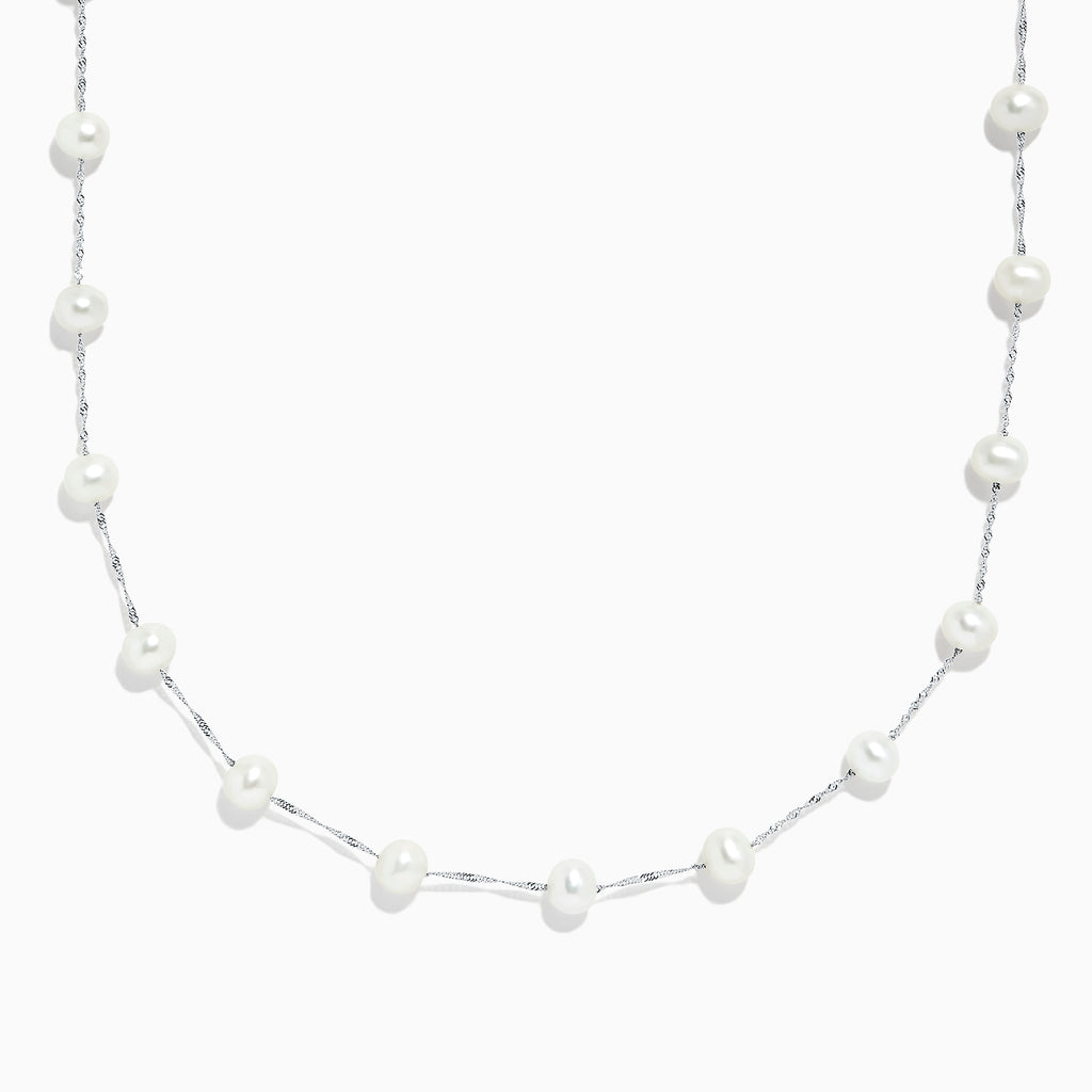 The 14K White Gold Cultured Fresh Water Pearl Necklace features evenly spaced small pearls on a delicate chain, shown against a plain white background.