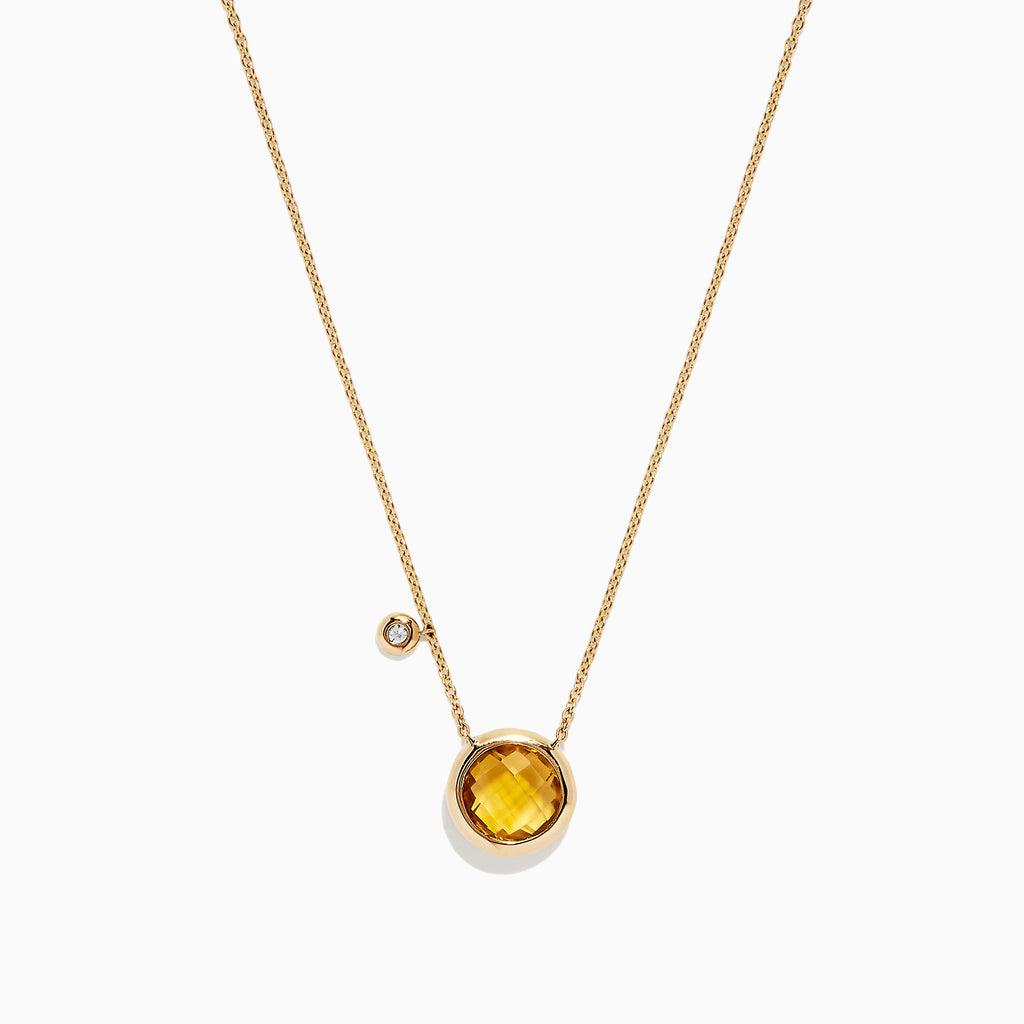 The Sunset 14K Yellow Gold Citrine & Diamond Bolo Chain Necklace (1.53 TCW) features a round citrine pendant accented by a small diamond and is elegantly suspended from a delicate, adjustable gold chain.