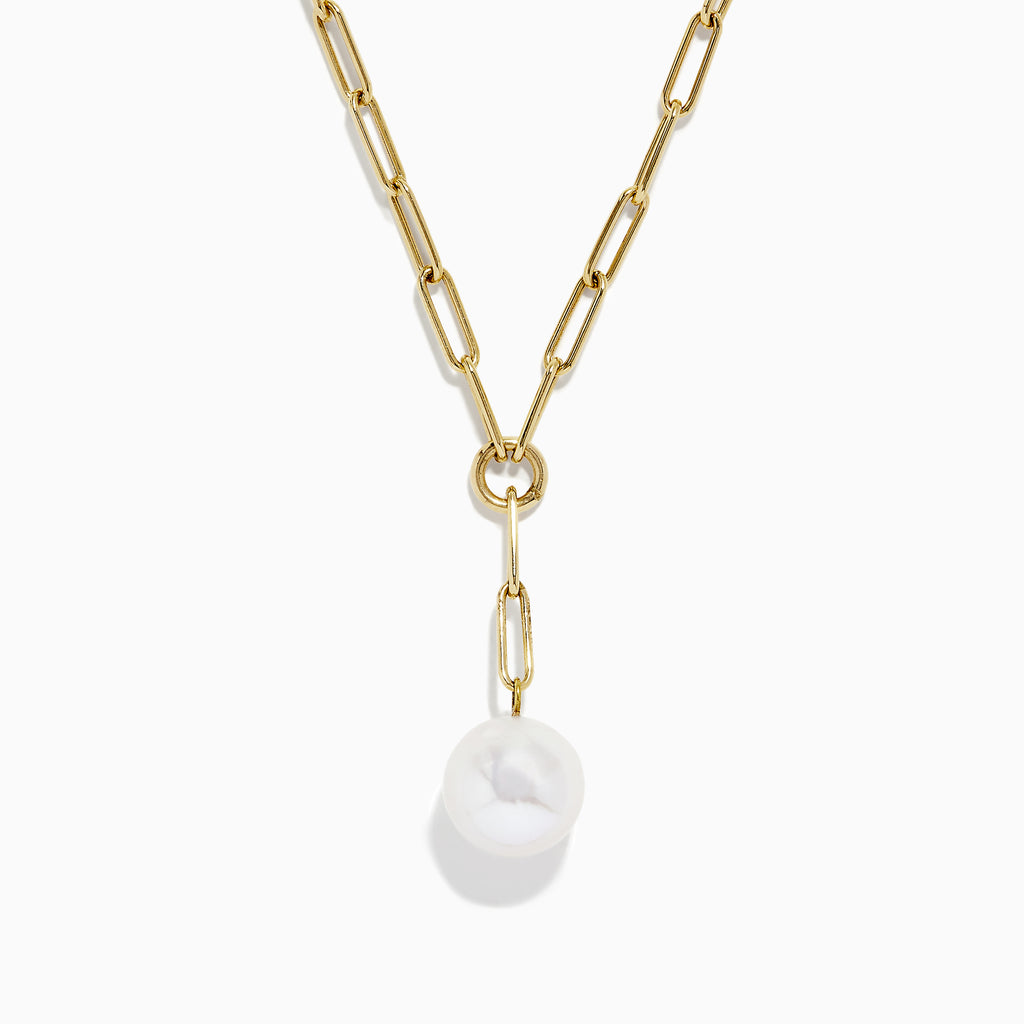 The 14K Gold Cultured Fresh Water Pearl Paperclip Chain Necklace features elongated links and a round pearl-like pendant, offering a minimalistic and elegant design, showcased against a plain white background.