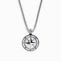 The Mens Sterling Silver Compass Pendant features a silver chain, a round pendant with a raised star, and engraved cardinal directions (N, E, S, W)—a bold accessory for any style.