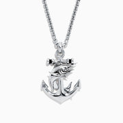 The Mens Sterling Silver Swordfish and Anchor Pendant is displayed on a plain white background, showcasing an anchor design wrapped with a detailed swordfish.