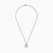 The 925 Sterling Silver Cultured Fresh Water Pearl Flower Pendant showcases a twisted chain and flower design, featuring textured petals and a round cultured pearl at the center, set against a white background.