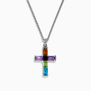 The Mosaic 925 Sterling Silver Multi Stone Cross Pendant features a sterling silver chain with a cross pendant adorned with rectangular orange, purple, green, and blue gemstones in a sleek silver frame.