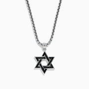 Mens 925 Sterling Silver Star of David Pendant, accented with striking black sapphires for a bold look.