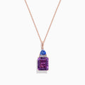 A 14K rose gold pendant features a rectangular amethyst, topped with tanzanite and diamond accents (6.16 TCW), set in gold against a white background.