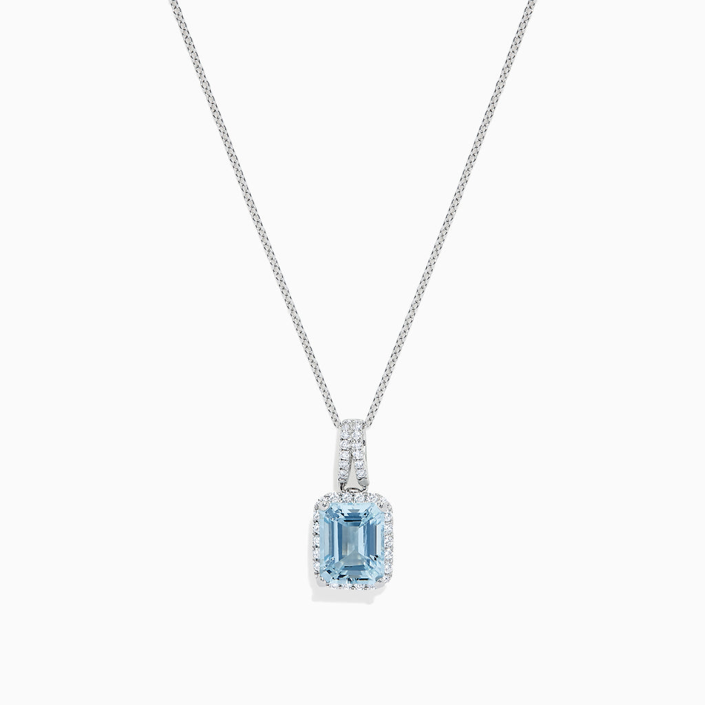 The Aquarius 14K White Gold Aquamarine and Diamond Pendant (2.62 TCW) features an emerald-cut aquamarine accented by a border of diamonds, set in white gold and shown against a plain white background.