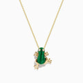 Safari 14K Yellow Gold Malachite and Diamond Frog Pendant: A gold chain necklace with a frog design, featuring a malachite green center and sparkling diamond eyes, crafted in 14K yellow gold.