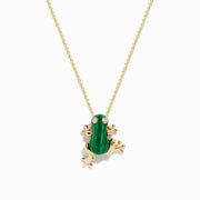 Safari 14K Yellow Gold Malachite and Diamond Frog Pendant: A gold chain necklace with a frog design, featuring a malachite green center and sparkling diamond eyes, crafted in 14K yellow gold.