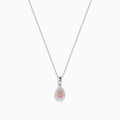 An 18K two-tone gold necklace featuring a pear-shaped pendant with pink and white diamonds (0.18 TCW) on a delicate chain. Set against a white background.