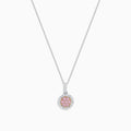 The 18K Two Tone Gold Pink and White Diamond Pendant features a circular design with a 0.42 TCW center cluster of pink diamonds, encircled by white diamonds, on a delicate chain for an elegant look.