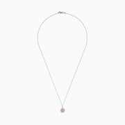 The 18K Two Tone Gold Pink and White Diamond Pendant features a circular design with a 0.42 TCW center cluster of pink diamonds, encircled by white diamonds, on a delicate chain for an elegant look.