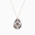 The 14K Rose Gold Espresso and White Diamond Pendant features a teardrop-shaped openwork design with 1.00 TCW diamonds in silver and rose gold, suspended from a delicate rose gold chain.