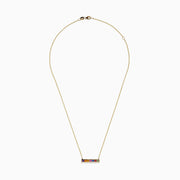 The Watercolors 14K Yellow Gold Multi Sapphire Bar Necklace, 0.93 TCW, features a delicate gold bar with six rainbow-arranged sapphires set in a horizontal rectangular pendant.