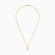 The Novelty 14K Yellow Gold Diamond Mini Lock Necklace features elongated links and a small gold padlock pendant with a central round diamond, displayed on a white background.