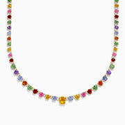 The Watercolors 14K Gold Multi Sapphire and Diamond Necklace features yellow, green, red, blue, and pink sapphires, each symmetrically spaced along the chain for a vibrant look.