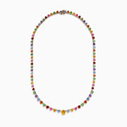 The Watercolors 14K Gold Multi Sapphire and Diamond Necklace features yellow, green, red, blue, and pink sapphires, each symmetrically spaced along the chain for a vibrant look.