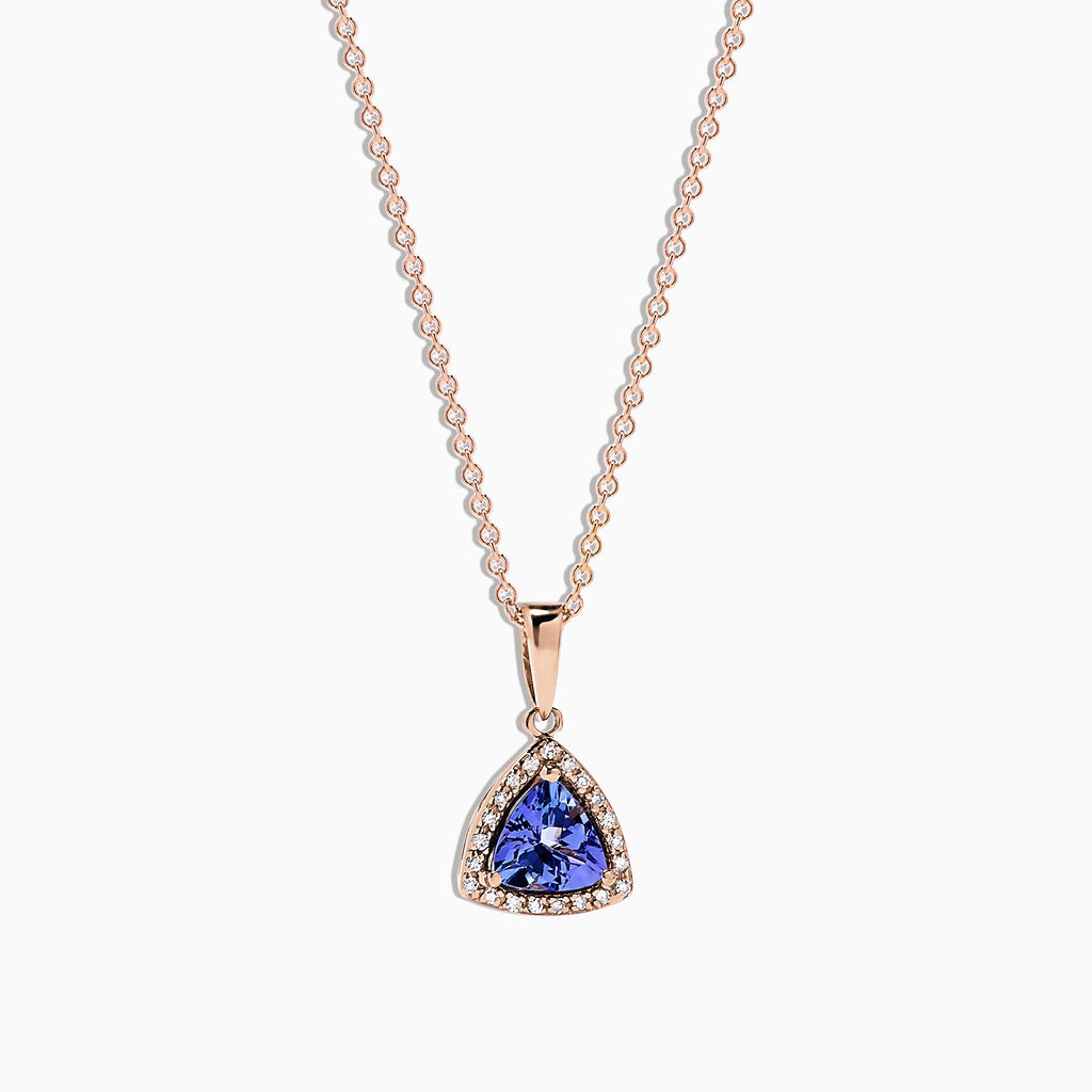 The Nahla Siri 14K Rose Gold Tanzanite & Diamond Pendant (0.72 TCW) features a triangular tanzanite surrounded by diamonds, shown on a white background.